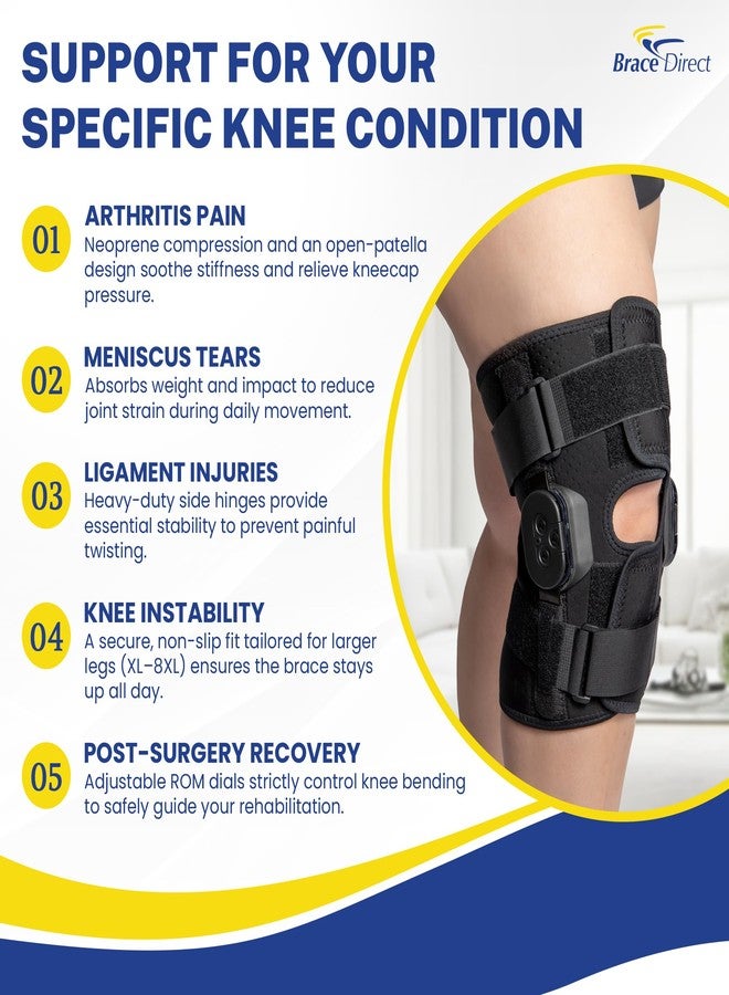 براس دايركت دعامة الركبة المفصلية الخارجية من Brace Direct Plus Size - مثبت الركبة لمرضى السمنة المفرطة لعلاج إصابات الأربطة والتهاب المفاصل وتسكين الألم، مقاس 5XL (الفخذ 26-28 بوصة/الساق 22-24 بوصة) L1832، L1833 - Image 3