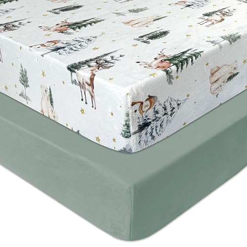AMROSE 2 Pack Flannel Fleece Crib Sheets Winter Woodland - Image 1