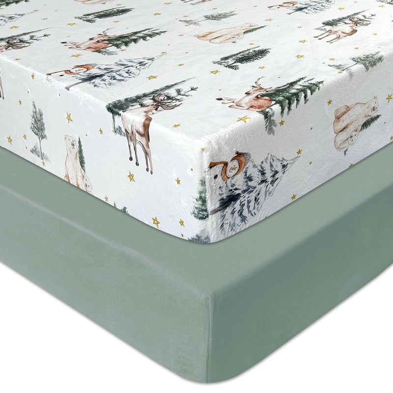 AMROSE 2 Pack Flannel Fleece Crib Sheets Winter Woodland - Image 2