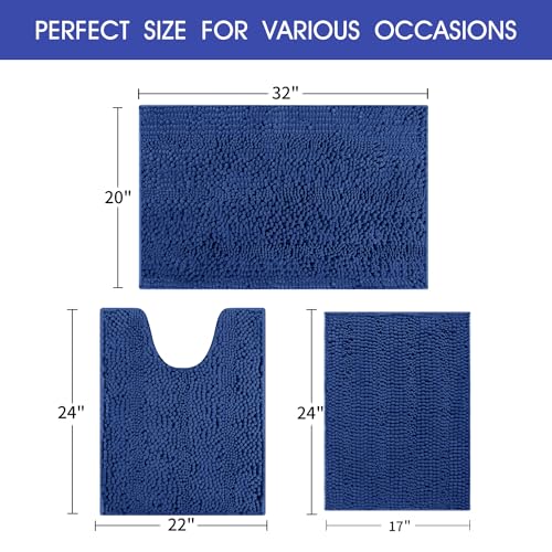 ACCUMTEK Striped Denim Blue Bathroom Rug Set 3 Pieces Ultra Soft, Non Slip Chenille Bath Carpet, Absorbent Plush Shaggy Bath Mats for Bathroom, Toilet, Bedroom, Kitchen - Image 5