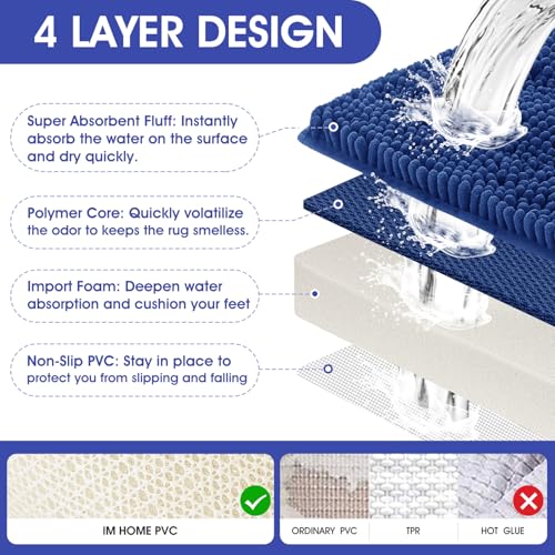 ACCUMTEK Striped Denim Blue Bathroom Rug Set 3 Pieces Ultra Soft, Non Slip Chenille Bath Carpet, Absorbent Plush Shaggy Bath Mats for Bathroom, Toilet, Bedroom, Kitchen - Image 3