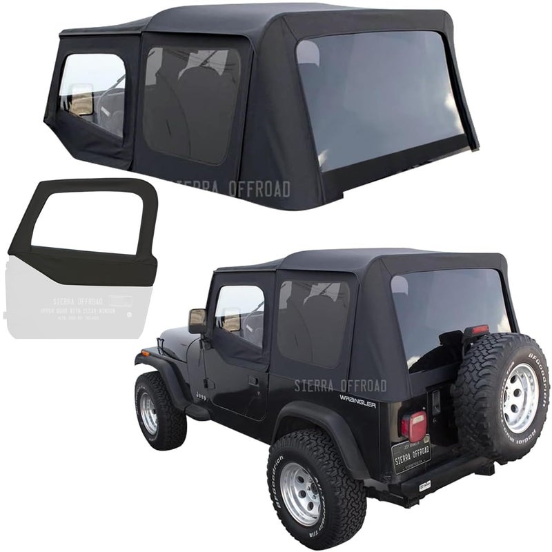 Generic Sierra Offroad Soft Top for 1988 to 1995 Jeep Wrangler YJ - Black, Denim Vinyl - 2 Door Jeep Soft Top with Rear Plastic Tinted Windows - Factory Precision Fit Replacement - With Upper Door Skins  - Image 1