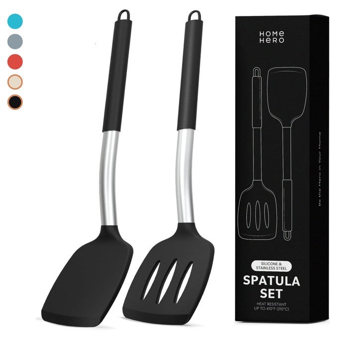 HOME HERO SILICONE SPATULA SET WITH ERGONOMIC HANDLES STAINLESS STEEL HIGH HEAT RESISTANT SOLID SLOTTED TURNER BPA FREE NON STICK KITCHEN UTENSILS SET RUBBER SPATULA 2 PCS BLACK