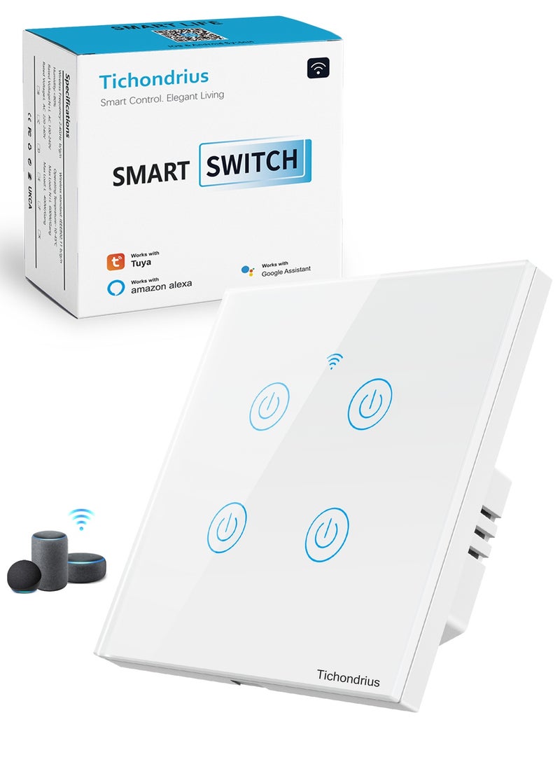 Tichondrius WiFi Smart Switch, Smart Touch Light Switch work with Tuya Smart APP,  WiFi & Voice Control,   Alexa/Google Home Compatible, Easy Installation (White 4 Gang) - Image 1