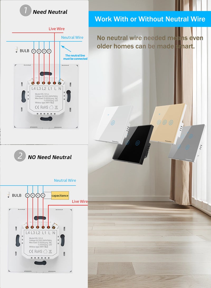 Tichondrius WiFi Smart Switch, Smart Touch Light Switch work with Tuya Smart APP,  WiFi & Voice Control,   Alexa/Google Home Compatible, Easy Installation (White 4 Gang) - Image 4