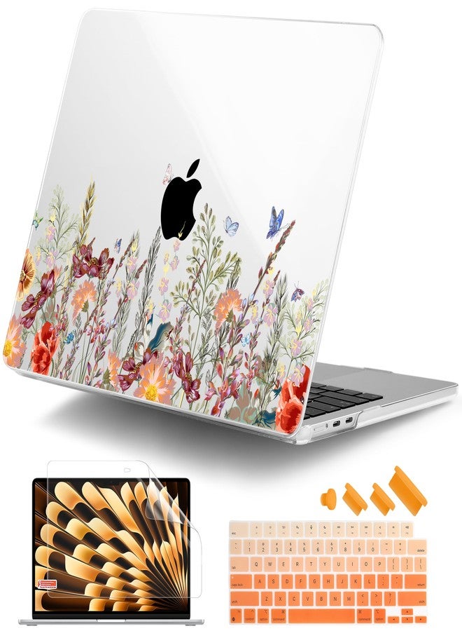 DONGKE Compatible with M4 MacBook Air 15 inch Case 2025 2024 2023 A3241 A3114 A2941 M3 M2 Liquid Retina Display Touch ID, Plastic Hard Case & Keyboard Skin & Screen Protector - Floral Illustration - Image 1