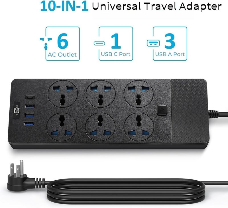 Jumpso Universal Power Strip, 6ft Extension Cord with Multiple Outlets, 110-240v, 3000w Power Strip with USB Ports European Travel Plug Adapter Wall Mount Power Strip for Home Office Cruise, Black - Image 2