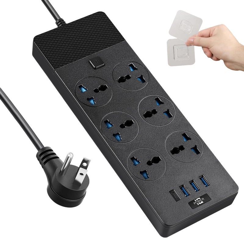 Jumpso Universal Power Strip, 6ft Extension Cord with Multiple Outlets, 110-240v, 3000w Power Strip with USB Ports European Travel Plug Adapter Wall Mount Power Strip for Home Office Cruise, Black - Image 1