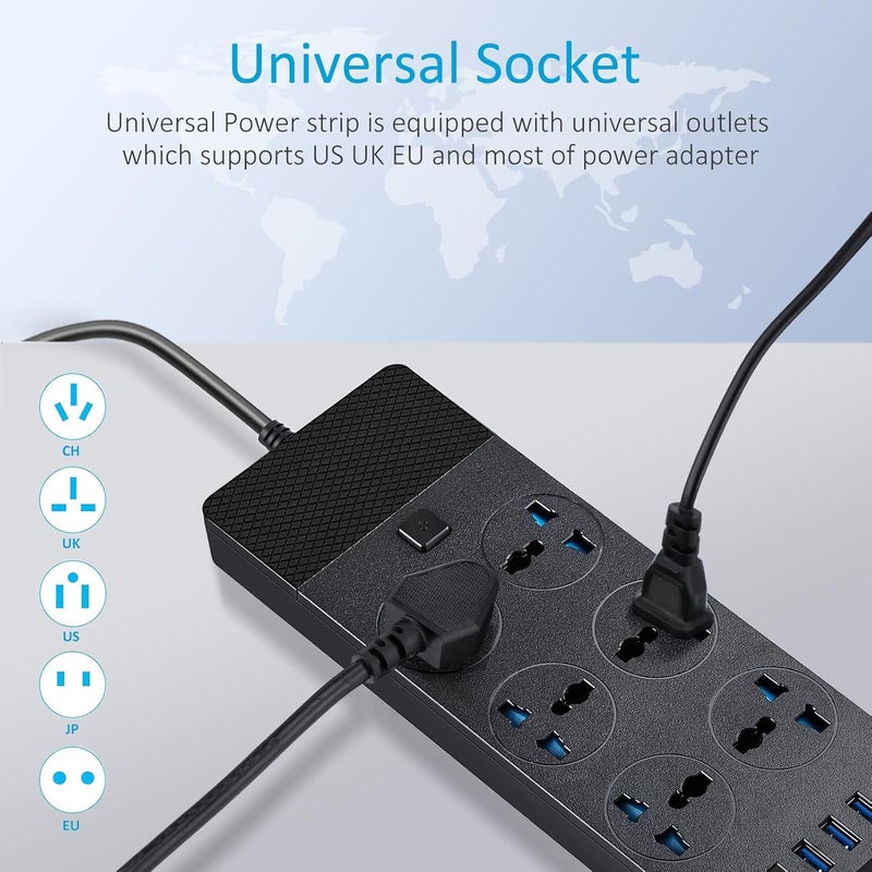 Jumpso Universal Power Strip, 6ft Extension Cord with Multiple Outlets, 110-240v, 3000w Power Strip with USB Ports European Travel Plug Adapter Wall Mount Power Strip for Home Office Cruise, Black - Image 3