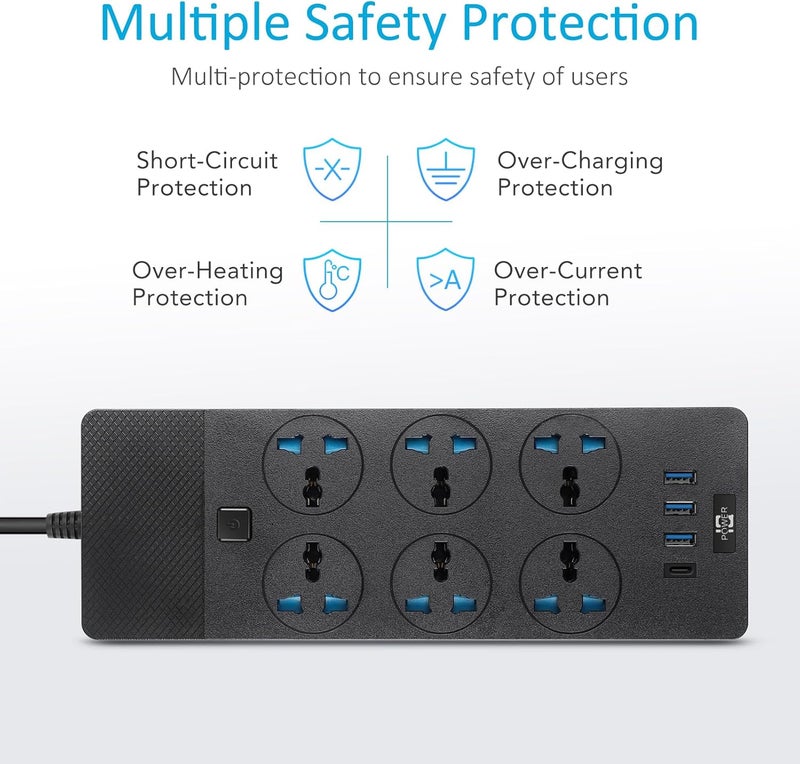 Jumpso Universal Power Strip, 6ft Extension Cord with Multiple Outlets, 110-240v, 3000w Power Strip with USB Ports European Travel Plug Adapter Wall Mount Power Strip for Home Office Cruise, Black - Image 4
