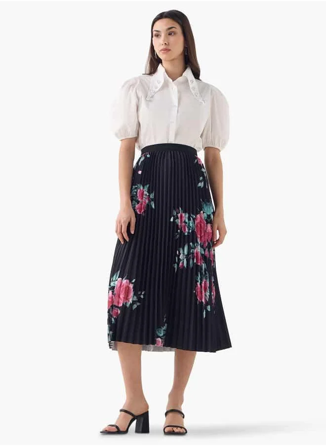 2Xtremz Floral Print Pleated Midi Skirt with Elasticated Waistband