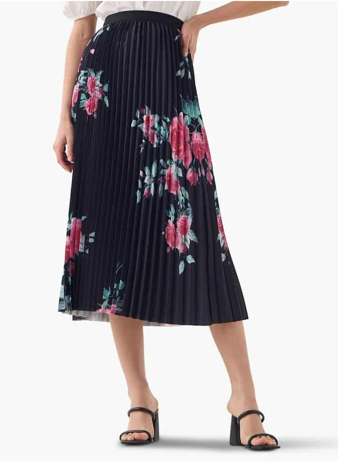 2Xtremz Floral Print Pleated Midi Skirt with Elasticated Waistband
