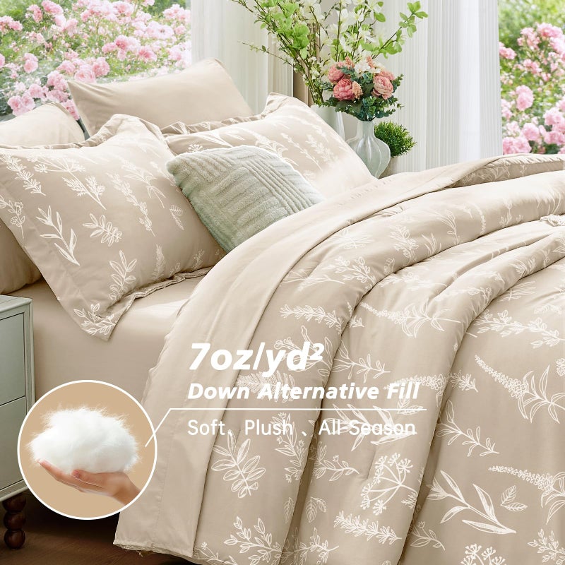 MUXHOMO Beige Bed in a Bag Queen 7 Pieces, Queen Comforter Set Reversible Botanical Flowers Design, Ultra Soft & Breathable Bedding Sets with Comforter, Sheets, Pillowcases & Shams - Image 3