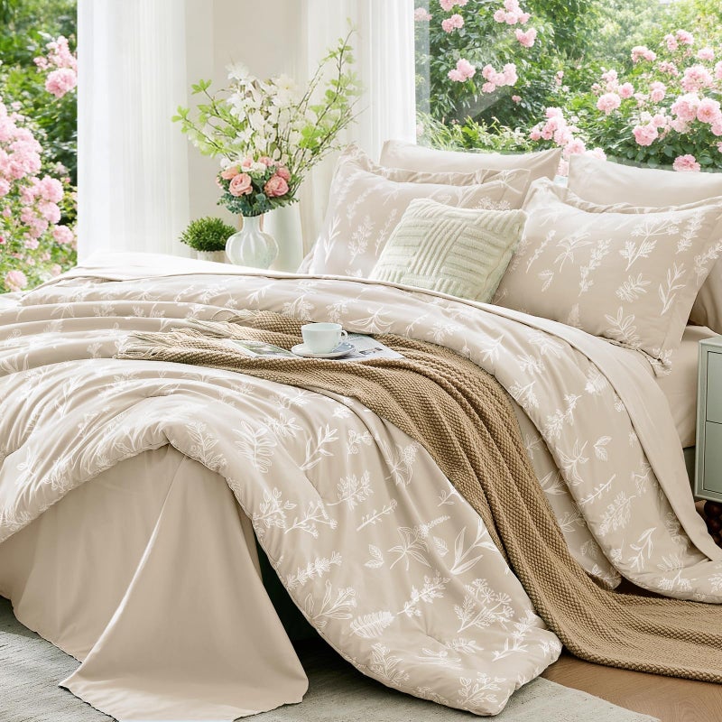 MUXHOMO Beige Bed in a Bag Queen 7 Pieces, Queen Comforter Set Reversible Botanical Flowers Design, Ultra Soft & Breathable Bedding Sets with Comforter, Sheets, Pillowcases & Shams - Image 1