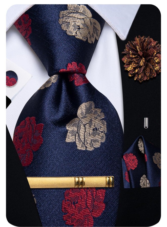 YourTies Silk Paisley Floral Tie and Pocket Square Cufflinks with Lapel Pin Sets for Men 5PC Wedding Party, Navy and Red, M - Image 1