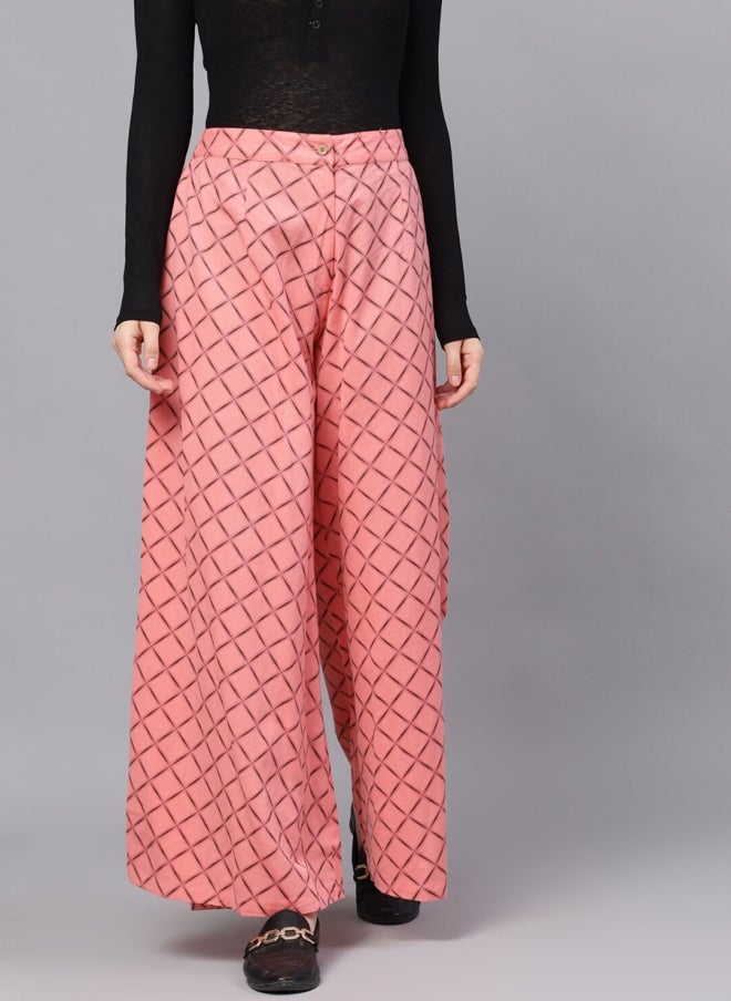 AKS Pink Geometric Printed Flared Palazzos for Women - Image 1