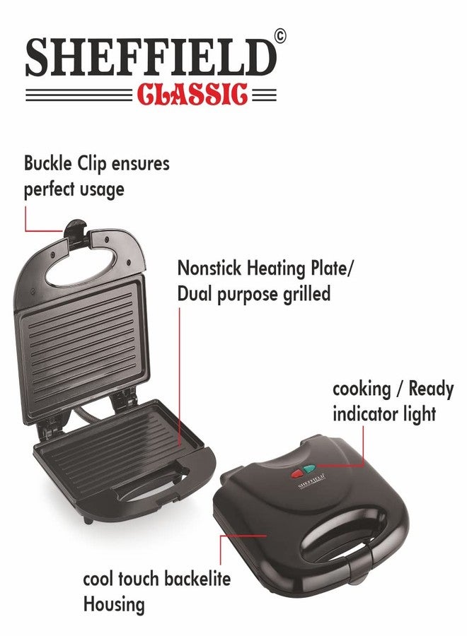Sheffield Classic 750W Sandwich Griller | Non‑Stick Fixed Grill Plates, LED Indicator, Cool‑Touch Handle, Overheat Protection | 2‑Slice Sandwich Maker for Home, Office & Travel - Image 3