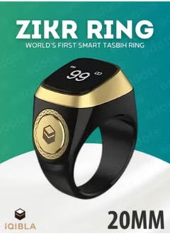 iQIBLA Smart Zikr Ring | 20 MM Prayer Counter, Tasbih Counter & Muslim Prayer Time Reminder | Waterproof Wearable Technology | Black and Gold  - Image 1