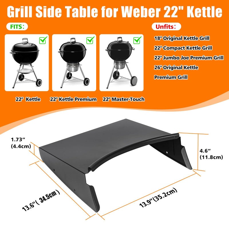 Grisun Grill Table Shelf for Weber Kettle Grills 22 Inch, Side Table Shelf for Weber Master Touch, Premium, Original Charcoal Grill, Kettle Grill Accessories, Black Powder Coated Steel BBQ Table Shelf - Image 2