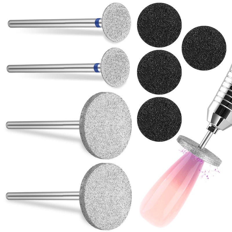 Dimeho Sanding Disc Nail Drill Bits, 4 Pcs Metal Nail Bit Set with 4 Pcs Replaceable Pedicure Sandpapers Suitable for Most Electric Foot Files Carbide Flat Nail Drill Bits Hard Skin Remover Discs - Image 1