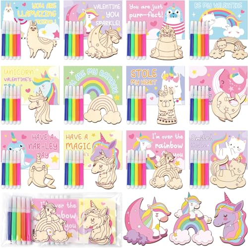 ojustbeok 24 Pack Valentines Day Cards Paint Set for Kids Valentines Unicorn Wood Painting Crafts Kit with Markers Valentine DIY Classroom Exchange Gifts for Kids School Girls Boys Class Party Favor - Image 1