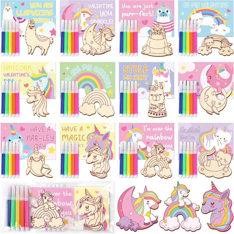 ojustbeok 24 Pack Valentines Day Cards Paint Set for Kids Valentines Unicorn Wood Painting Crafts Kit with Markers Valentine DIY Classroom Exchange Gifts for Kids School Girls Boys Class Party Favor - Image 2