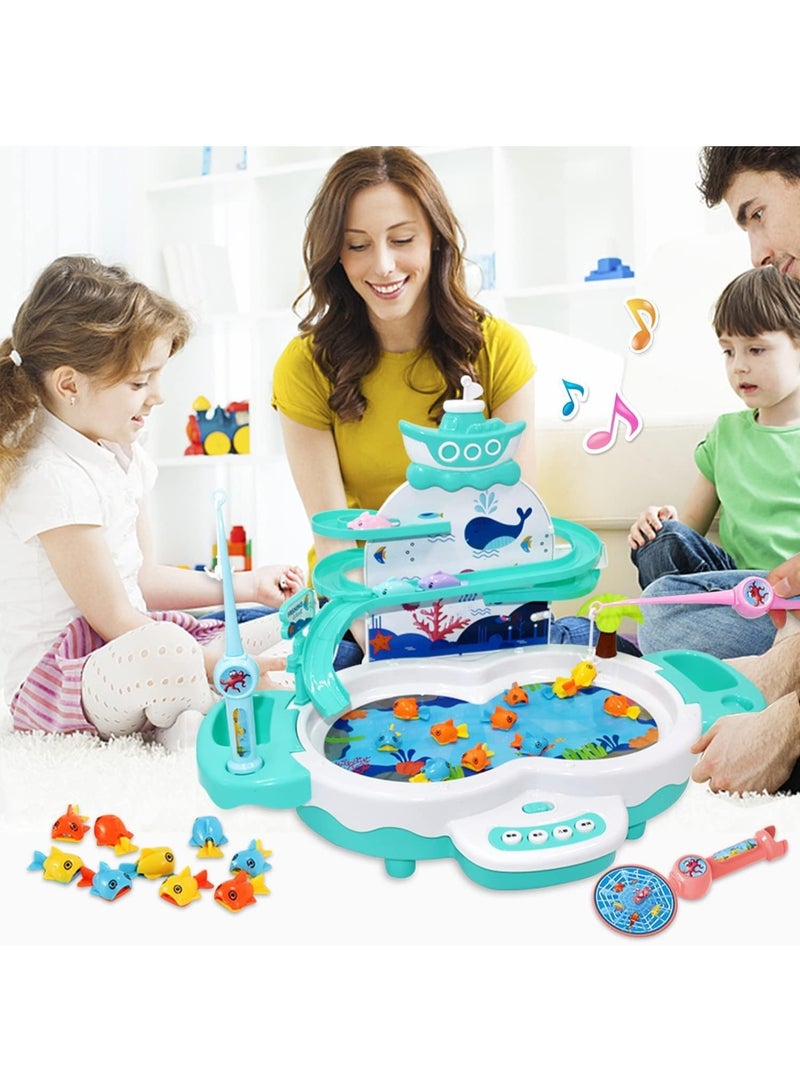 TAPIT Magnetic Baby Fishing Toy Set, 3 in 1 Fishing Game for Toddlers & Kids with Slideway & Music Story, 20 Fish, 6 Dolphins, 2 Fishing Poles, Learning Educational Sound Effect Toys Green - Image 1