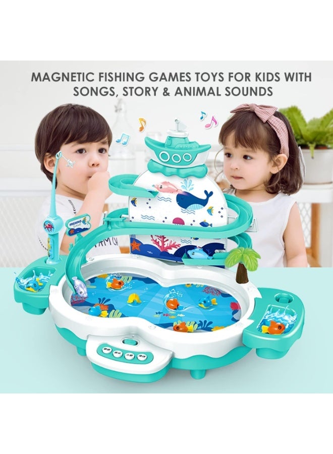 TAPIT Magnetic Baby Fishing Toy Set, 3 in 1 Fishing Game for Toddlers & Kids with Slideway & Music Story, 20 Fish, 6 Dolphins, 2 Fishing Poles, Learning Educational Sound Effect Toys Green - Image 2