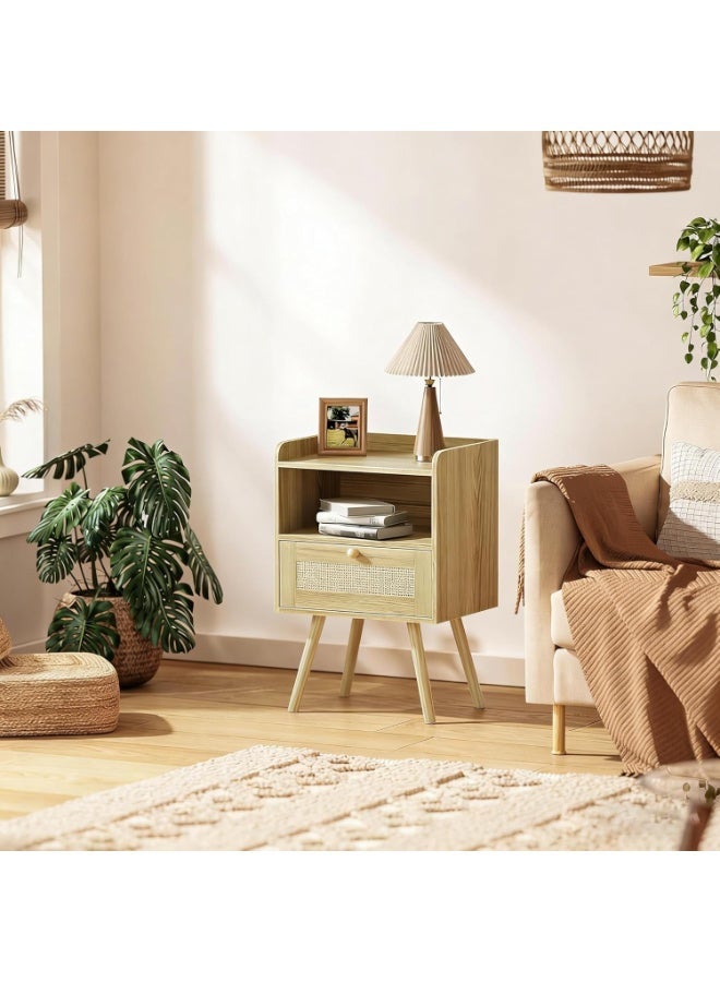 أنفانكي مجموعة من 2 Anvanke Rattan Nightstand ، طاولة جنب السرير مع درج ، ساقين خشبية صلبة قوية ، طاولة تخزين متعددة الوظائف للمنزل - Image 5