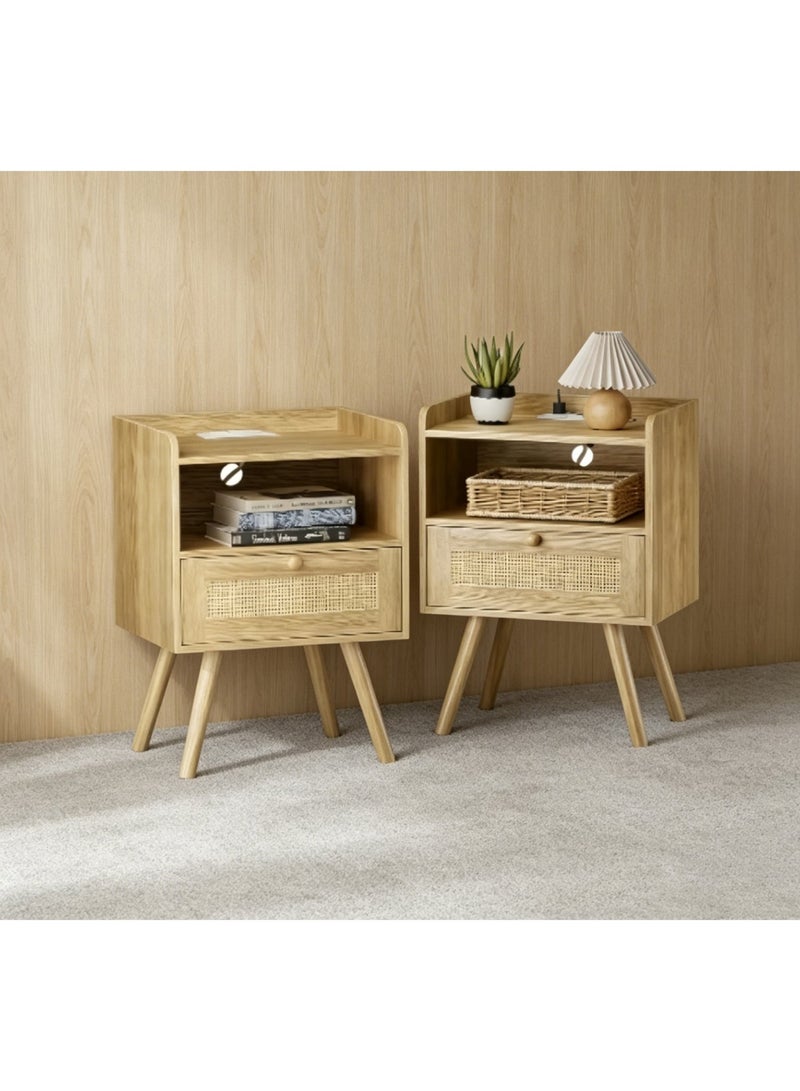 أنفانكي مجموعة من 2 Anvanke Rattan Nightstand ، طاولة جنب السرير مع درج ، ساقين خشبية صلبة قوية ، طاولة تخزين متعددة الوظائف للمنزل - Image 1