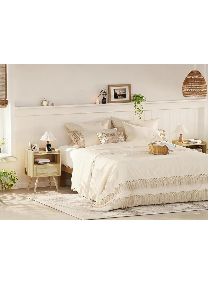 أنفانكي مجموعة من 2 Anvanke Rattan Nightstand ، طاولة جنب السرير مع درج ، ساقين خشبية صلبة قوية ، طاولة تخزين متعددة الوظائف للمنزل - Image 4