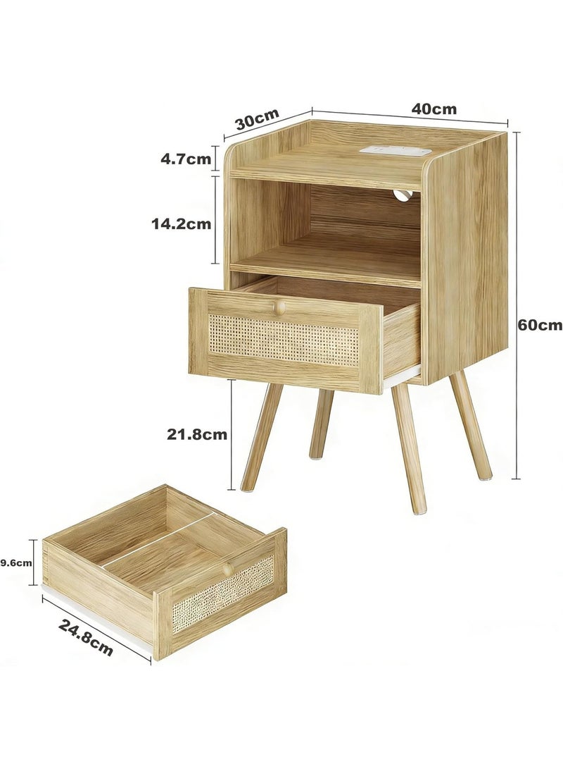 أنفانكي مجموعة من 2 Anvanke Rattan Nightstand ، طاولة جنب السرير مع درج ، ساقين خشبية صلبة قوية ، طاولة تخزين متعددة الوظائف للمنزل - Image 2