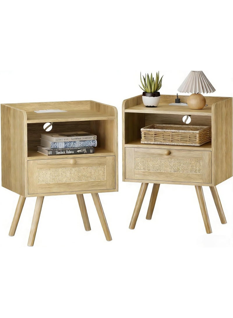 أنفانكي مجموعة من 2 Anvanke Rattan Nightstand ، طاولة جنب السرير مع درج ، ساقين خشبية صلبة قوية ، طاولة تخزين متعددة الوظائف للمنزل - Image 3