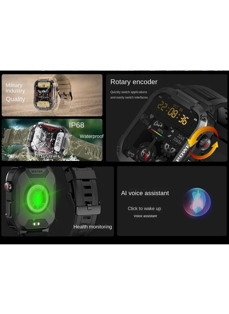 Generic - MK66 Military Smartwatch with Bluetooth Call, Waterproof Smart Sport Watches Rugged Outdoor Men's Watch for iPhone Android Smartwatch with Heart Rate Monitor (Green) - Image 1
