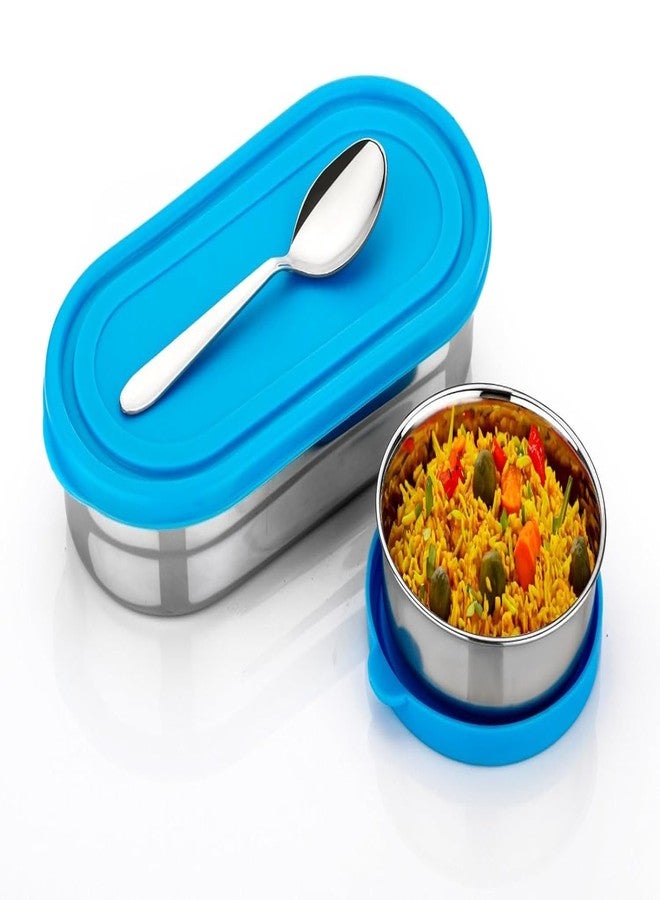 Zipsome Premium Small Oval Stainless Steel Lunch Box with 1 Small Box Compact Design Airtight Leak Proof Lunch Box for Office, School, Picnic,Lunch Box for Kids,School,Girls,Boys (Blue) - Image 1