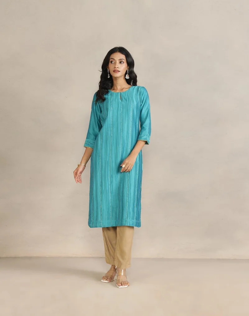 Fabindia Turquoise Cotton Silk Pintucks Long Kurta
