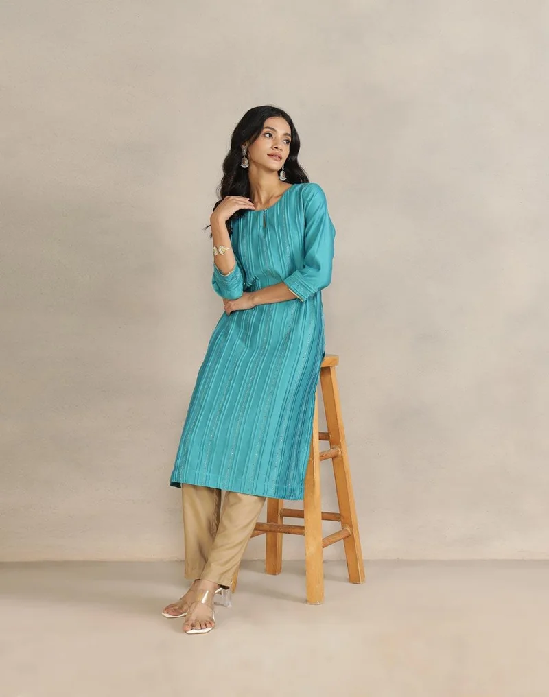 Fabindia Turquoise Cotton Silk Pintucks Long Kurta