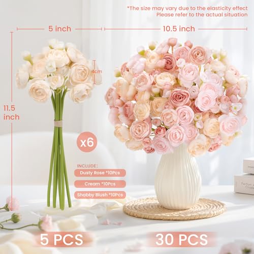 Alupssuc 30Pcs Ranunculus Artificial Flowers Faux Silk Mini Ranunculus, Artificial Flowers Indoor for DIY Bouquets, Bulk Fake Wedding Filler Flowers for Bride Decorations, DustyRose&Cream&ShabbyBlush - Image 3