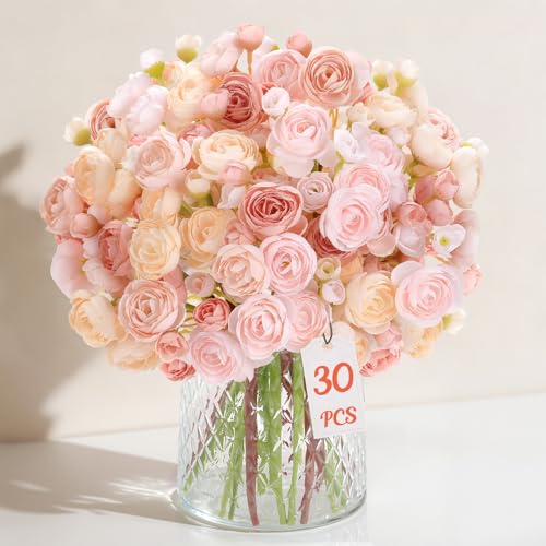 Alupssuc 30Pcs Ranunculus Artificial Flowers Faux Silk Mini Ranunculus, Artificial Flowers Indoor for DIY Bouquets, Bulk Fake Wedding Filler Flowers for Bride Decorations, DustyRose&Cream&ShabbyBlush - Image 1