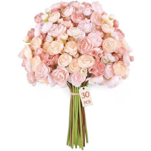 Alupssuc 30Pcs Ranunculus Artificial Flowers Faux Silk Mini Ranunculus, Artificial Flowers Indoor for DIY Bouquets, Bulk Fake Wedding Filler Flowers for Bride Decorations, DustyRose&Cream&ShabbyBlush - Image 2