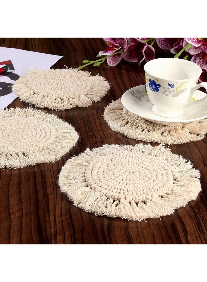 Macrame Tea House n Goods Coaster Set of 4 Coaster Macrame Beige Coaster 4 x 4 Inch Coasters for Table Top Home Decor  - Image 3