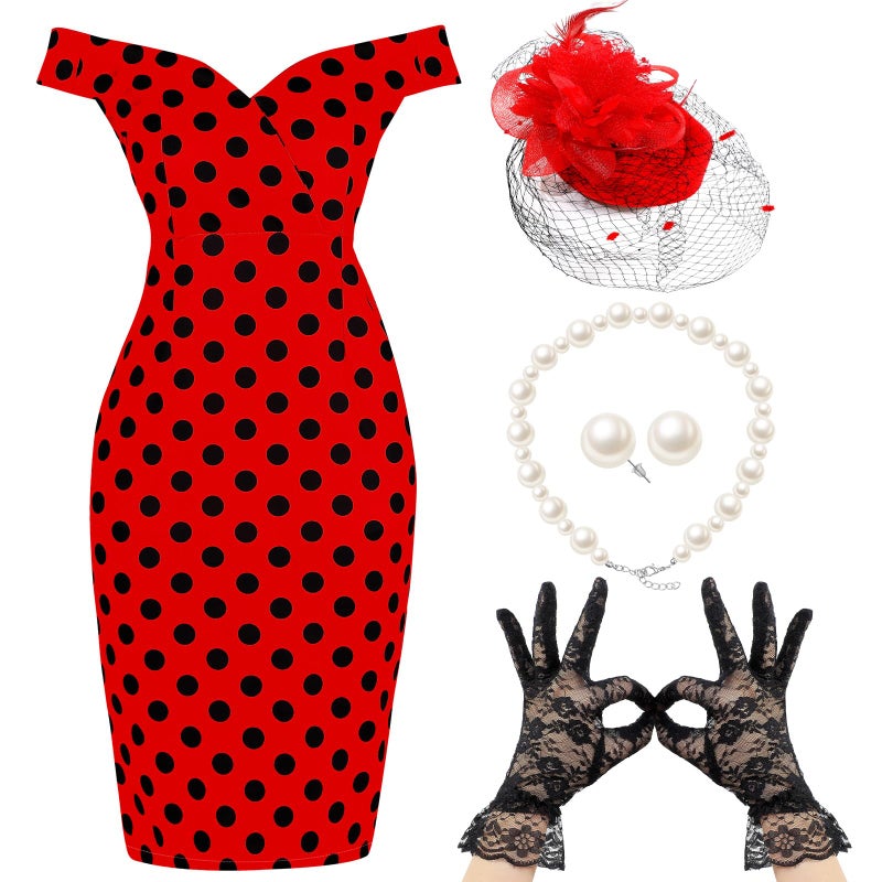 JenPen 5 Pcs Tea Party Dresses Vintage Rose Polka Dot Dress 1950s Derby Pencil Bodycon for Women Ladies Party Attire(X-LARGE,Pretty,Red Black) - Image 2