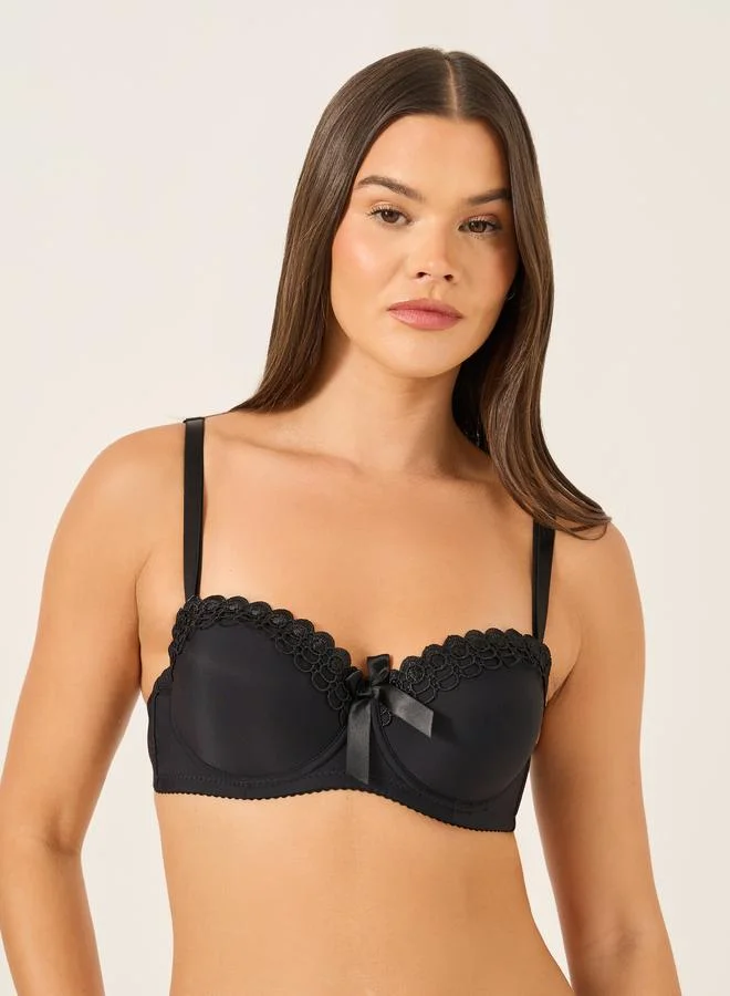Take Two Take Two Solid Lace and Bow Detail Padded Wired Push Up Bra