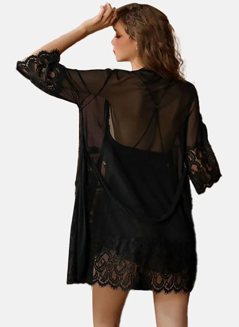 يونيكي Black Solid Babydoll with Robe