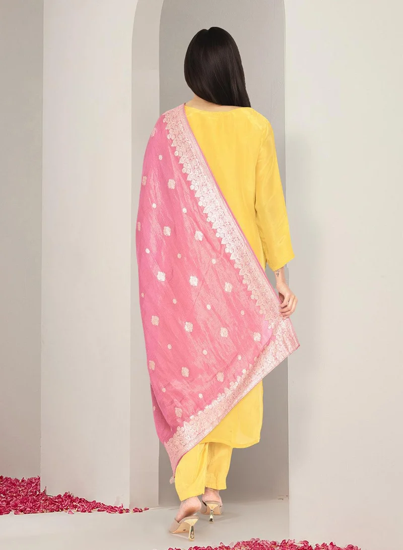 ISHIN Women's Yellow 100% Cotton Yoke Design Straight Fit Kurta Set