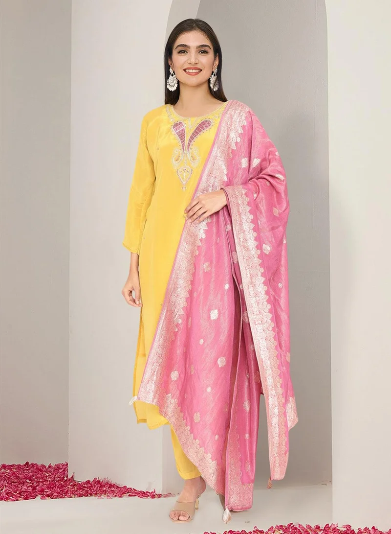 ISHIN Women's Yellow 100% Cotton Yoke Design Straight Fit Kurta Set