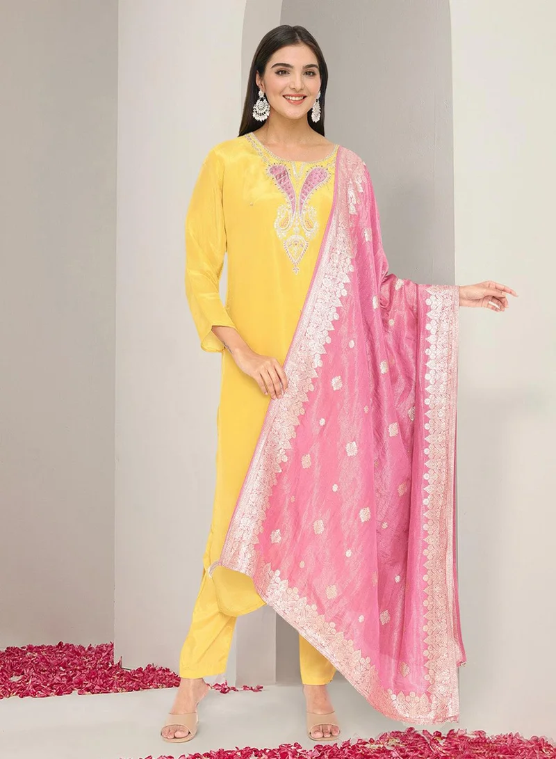 ISHIN Women's Yellow 100% Cotton Yoke Design Straight Fit Kurta Set