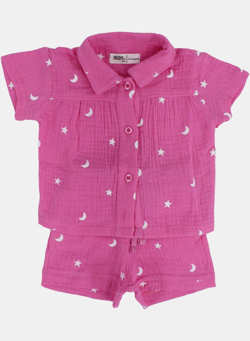 Baby Girls Crinkle Cotton Pajama Set – Pink with Stars Print