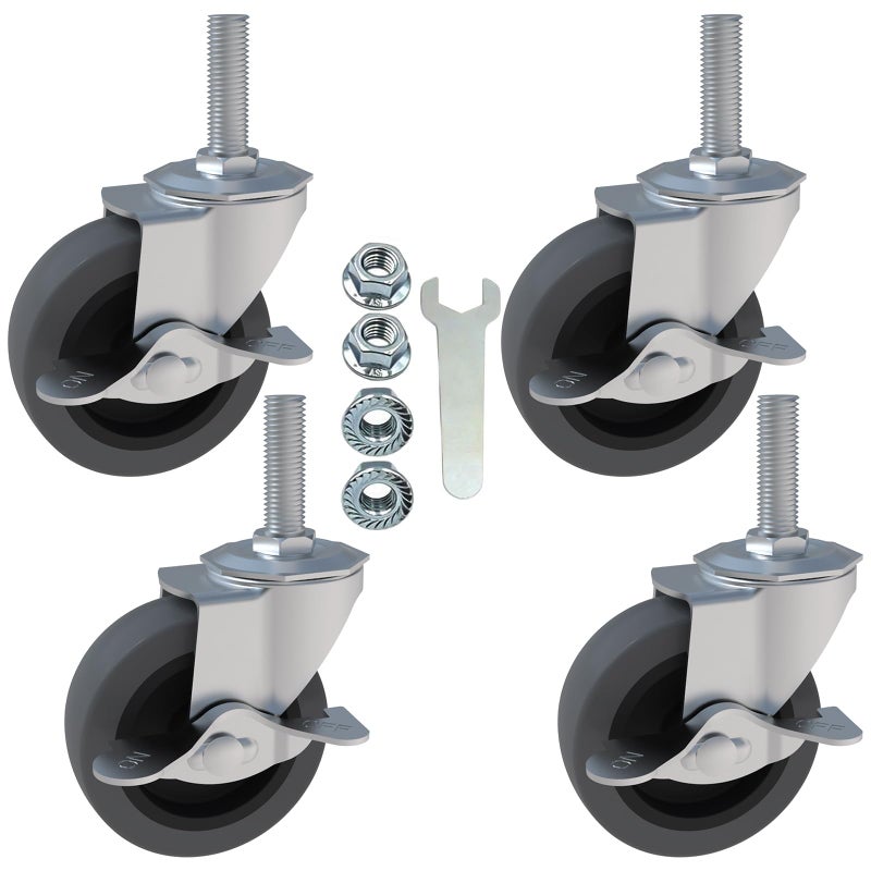AAGUT Caster Wheels 3 Inch Rubber Heavy Duty 3816 x112 Threaded Stem Industrial Castors Locking Brakes Metal Swivel Wheel Replacement for Carts Furniture Dolly Workbench TrolleySet of 4