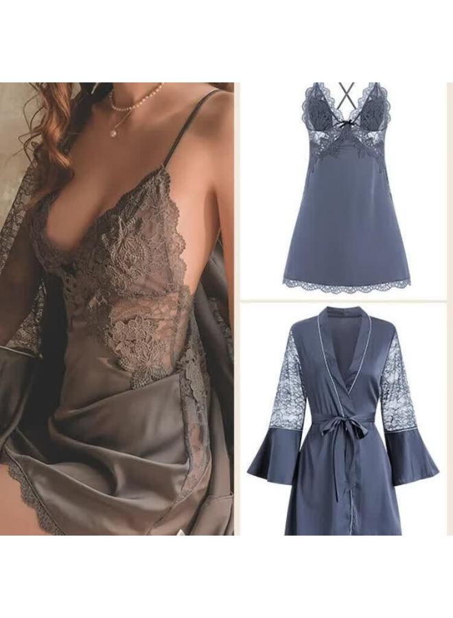 Kj Padded Ice Silk Women's Sleepwear Set Spaghetti Strap Lingerie Nightdress Robe Summer Lace Homewear Set - Image 1